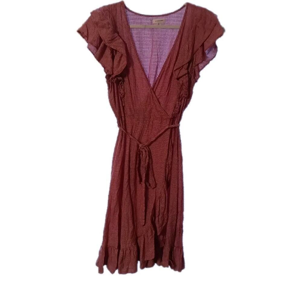 Max Studio Red Gingham Faux Wrap Dress Sz. L Boho Cottage Belt Ruffle